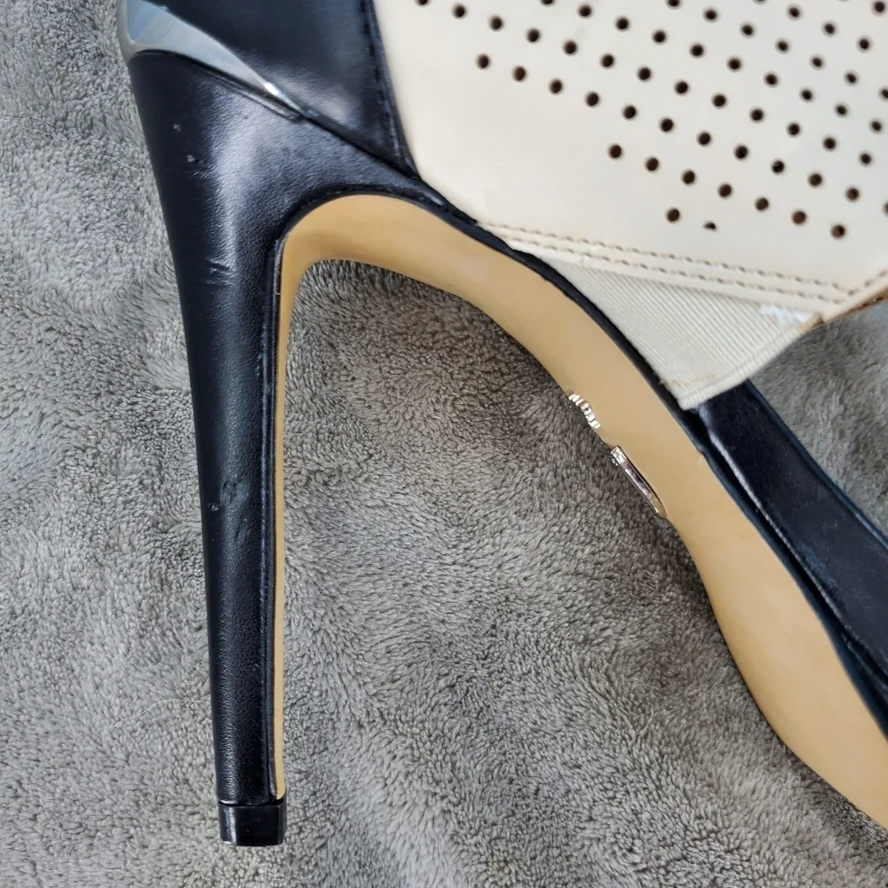 Juicy Couture pink, black and tan strappy heels 7